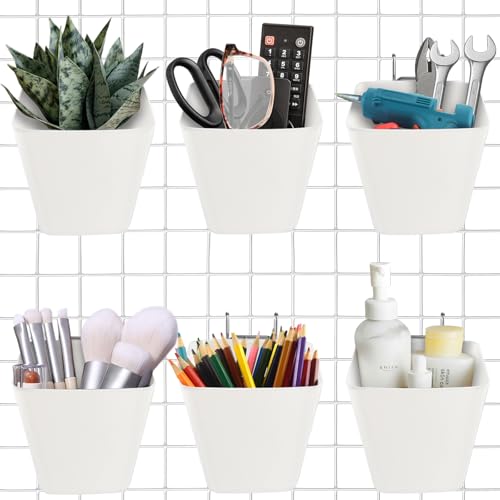 6Pack White Grid Wall Bins Hanging Cups with Back Hook, Gridwall Shelf Bins - color: White