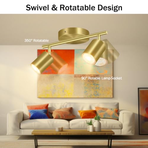 BoostArea LED 2 Light Track Lighting Kit, Gold 2 Way Ceiling Spot Lighting, Flexibly Rotatable Light Head for Kitchen, Living Room, Bedroom, GU10 Bulb Not Included - color: 2 Light-Gold
