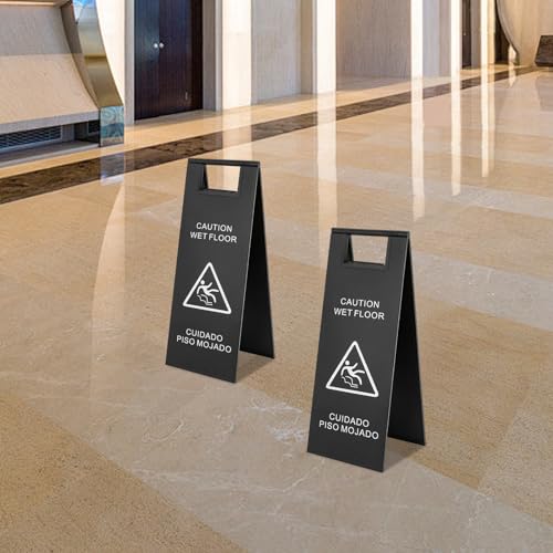 2Pcs Stainless Steel Wet Floor Sign, 23.6 Inch Caution Wet Floor Sign, Double Sided Portable Foldable Safety Warning Signs for Restaurant Restroom Office Avoid Fall (Black)