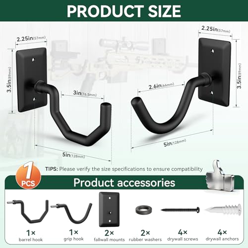 Horizontal Gun Wall Mount for Indoor Display - Yoke Design Rifle Wall Mounts, Heavy Duty Steel Shotgun Wall Holder, Adjustable Bow Wall Hanger, Wall Mount Gun Hooks with Protective Composite Padding - color: 1 Pair