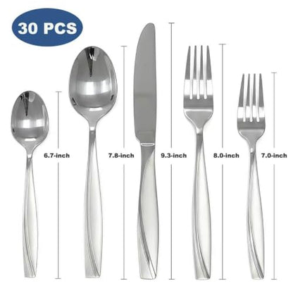 30-Piece Stainless Stee Silverware Set for 6 - color: Silver, size: 30-Piece