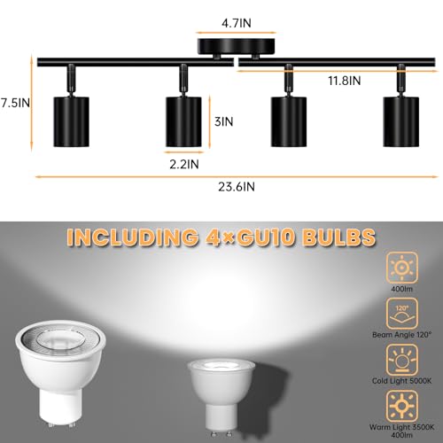 LED 4 Light Track Lighting Kit, 23.6" Black 4 Way Ceiling Spotlights Fixture, 3 CCT Adjustable, with Flexibly Rotatable Light Heads for Kitchen, Living Room, Bedroom, Includes 4 x GU10 Bulb - color: Black, size: 4