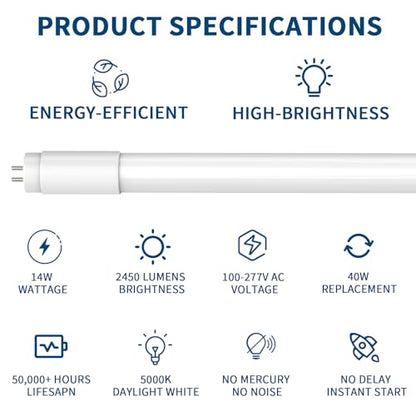 JESLED 30 Pack T8 Led Bulbs 4 Foot,14W(40W Equiv) 2450LM 5000K Type A+B ETL