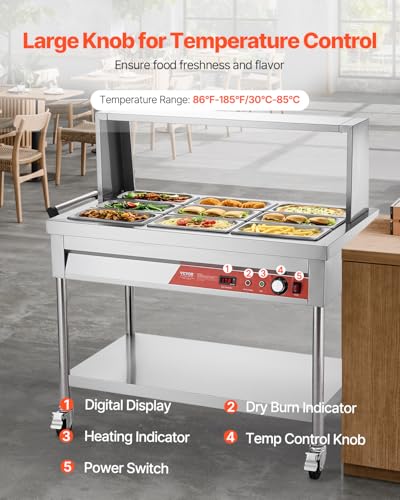 VEVOR 9-Pan Commercial Food Warmer, 9 x 1/3 Pans Electric Steam Table, 1500W Professional Buffet Catering Food Warmer with Shield Undershelf Wheels, Stainless Steel Server for Party Restaurant - size: 9-Pan
