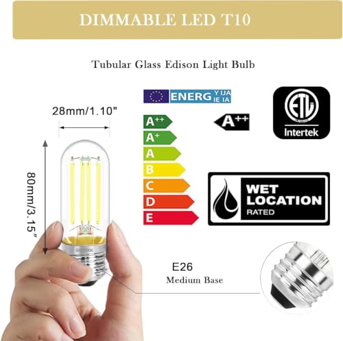3.2 Inch 5000K Daylight White E26 LED Bulb 60 Watt Equal, AC 120V 600LM Edison Bulbs Dimmable, 6W T10 T30 Filament Light Bulbs Clear Glass for Fan Pendant Wall Light, ETL Certified-9 Pack - size: 3 Inch 6w (9 Count)