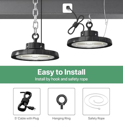 UFO LED High Bay Lights: 200W 30000LM 5000K Led Shop Lights High Bay Led Lights with Plug Suitable for Gym Warehouse Workshop Factory Gym Garage Barn AC100-277V IP65