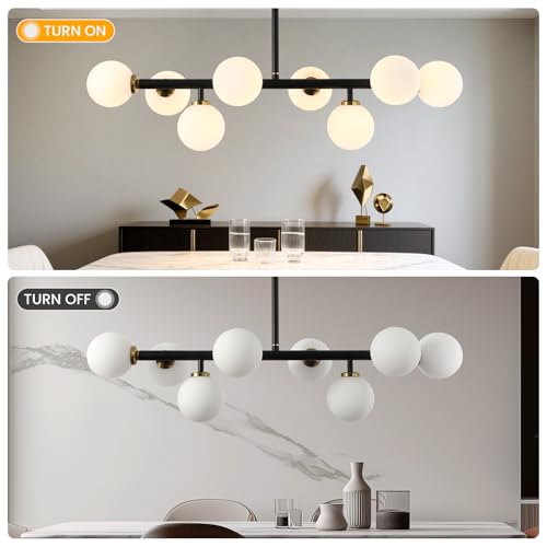 Sputnik Black and Gold Chandelier Pendant Linear Light Modern Mid Century Light Fixture White Globe Shade for Dining Living Room Kitchen Island 8-Light - color: BlackGold-31in