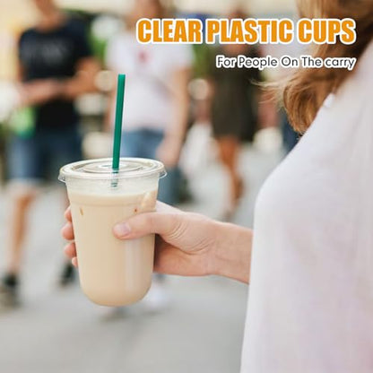Ziliny 50 Pack 16 oz Plastic Cups with Lids Straws Iced Coffee, Green - color: Green, size: 16 oz