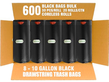 BEIDOU-PAC 8-10 Gallon Trash Bags Drawstring, 600 Count Bulk, Black & Unscented Multi-purpose Garbage Bags for Business Home Bathroom Kitchen Commercial and Industrial - style: 8-10 Gallon |600 Count(Value Pack)