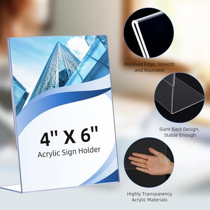 6 Pack Slanted Back Acrylic Sign Holders 4x6 for Business & Store, Tabletop Vertical Sign Holder with Anti-Slip Pads Clear Display Stand, for Menus Flyers Documents Office Restaurants Party Decoration