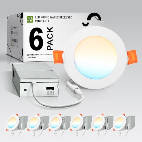 ASD 6 Pack LED Recessed Lighting 4 Inch 9W, 5 CCT 2700K-5000K CRI90+, IC Rated Ultra Thin Dimmable Ceiling Lights with J Box, Canless Wafer Downlight, Round Slim Panel Light, Energy Star ETL, White - color: White, size: 4 Inch 6 Pack