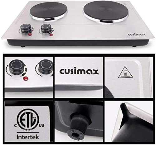 CUSIMAX 1800W Double Hot Plate, Stainless Steel Silver Countertop Burner Portable Electric Double Burners Electric Cast Iron Hot Plates Cooktop, Easy to Clean, Upgraded Version C180N - color: Silver, size: Double