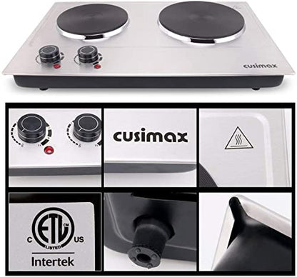 CUSIMAX 1800W Double Hot Plate, Stainless Steel Silver Countertop Burner Portable Electric Double Burners Electric Cast Iron Hot Plates Cooktop, Easy to Clean, Upgraded Version C180N - color: Silver, size: Double
