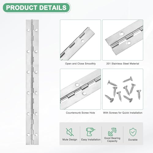 M METERXITY 2-Pack Piano Hinges, 12 Inch / 300mm Stainless Steel Continuous Piano Hinge with Holes and Screws for Cabinets Door/Storage Box [1.2X 0.04/ 30x 1mm Open Width Thick, Silver Tone] - color: Silver Tone, size: 12x1.2x0.04"
