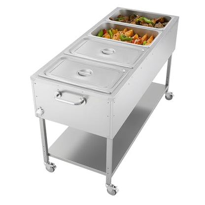VEVOR 4-Pan Commercial Propane Steam Table, LP Gas Outdoor Soup Warmer with Drain Valve and 3" Wheels, Stainless Steel Propane Food Warmer with Independent Temp Control, for Restaurant Outdoor Camping - size: 4×1/1 Pan;96QT