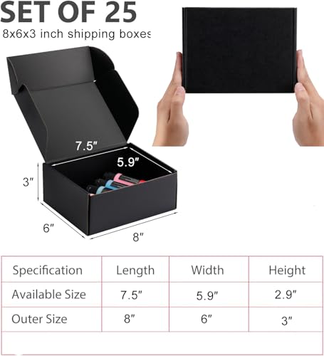 8x6x3 inch Black Shipping Boxes for Small Business- Set of 25 - color: Black, size: 8x6x3