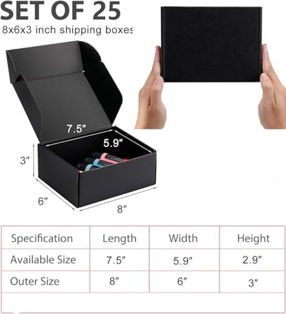 8x6x3 inch Black Shipping Boxes for Small Business- Set of 25 - color: Black, size: 8x6x3