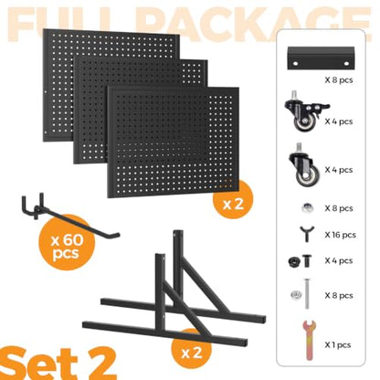 2 Pack 2x5ft Metal Pegboard Display Stand w/ Wheels & 60 Hooks - color: Set 2