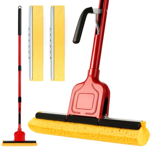 Commercial Sponge Mop for Floor Cleaning with 2 Compressed Cellulose Heads - size: 1 mop +2 mop heads
