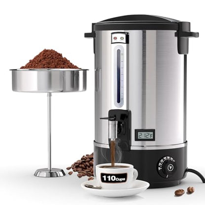 Commercial Coffee Urn, 110-Cup 16L Fast Brew Stainless Steel Hot Beverage Dispenser with Thermometer-Electric Hot Water Urn for Wedding, Party, Catering Events with Easy Cleaning(Double Wall)