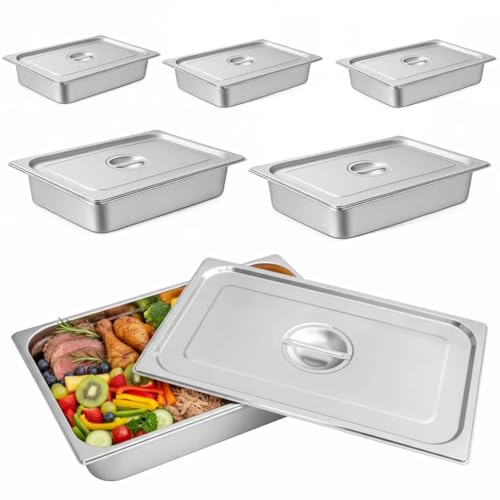 Hotel Pans Deep Steam Table Full Size Pan Set, Steam Table Pans with Lids, Stainless Steel Commercial Food Storage Containers Stackable Metal Steamer Pan(4" Deep 6 Pack, 1/1 Size) - color: 4" Deep 6 Pack