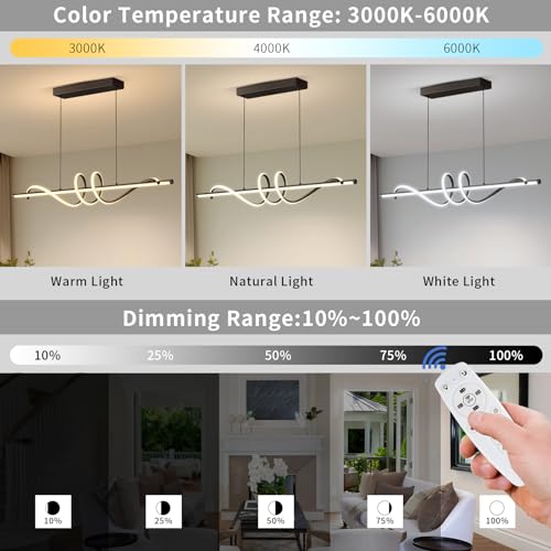 Modern LED Pendant Lights, 39in Chandelier Dimmable with Remote Control 3000k-6000K Adjustable Color Temperature, Aluminum Island Lighting Lamp Fixture for Kitchen, Dining Room, Billiard Room - color: A-Black, size: 39inch