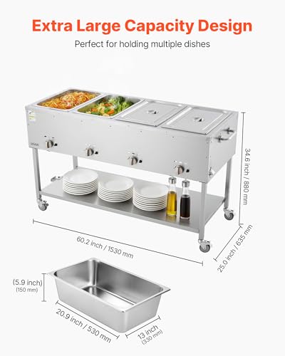 VEVOR 4-Pan Commercial Propane Steam Table, LP Gas Outdoor Soup Warmer with Drain Valve and 3" Wheels, Stainless Steel Propane Food Warmer with Independent Temp Control, for Restaurant Outdoor Camping - size: 4×1/1 Pan;96QT