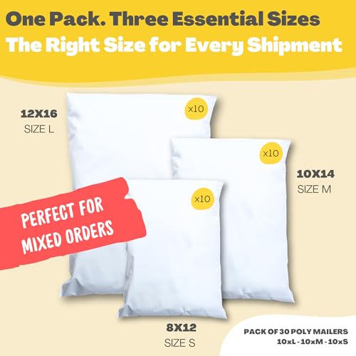 Shipping Bags (30 Pack) - 8x12, 10x14 & 12x16 - Poly Mailers for Clothes - Self-Seal Plastic Mailing Envelopes - Tear & Water-Resistant Packaging Bags for Clothing - Not Padded - color: White, size: 3 Sizes 8x12 10x14 & 12x16 [NO label pouch]