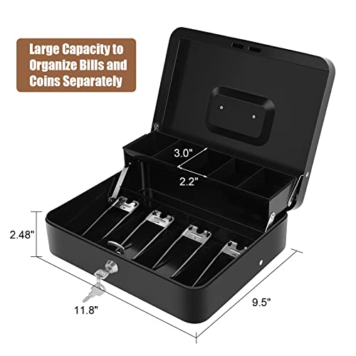 Sumerfnt Cash Box with Money Tray and Lock Money Box for Cash, Metal Locking Cash Box - 11.8" x 9.4" x 3.54" Black - color: Black