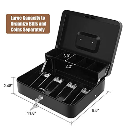 Sumerfnt Cash Box with Money Tray and Lock Money Box for Cash, Metal Locking Cash Box - 11.8" x 9.4" x 3.54" Black - color: Black