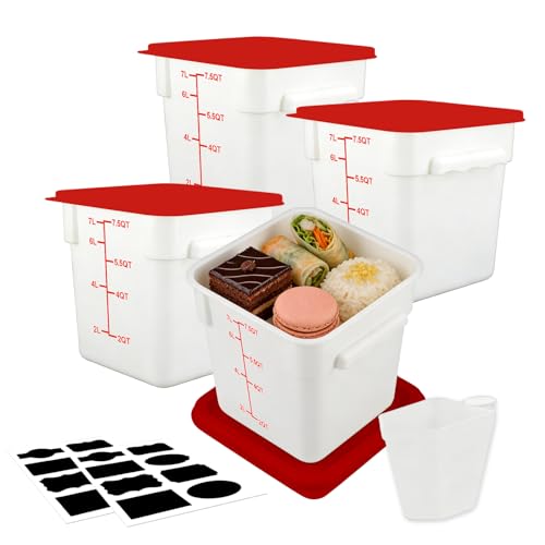 Square Food Containers with Lids 4-Pack, Commercial Grade Plastic Bins for Restaurant Kitchen Pantry Storage, Freezer & Dishwasher Safe (Red, 8QT-4PACK) - size: 8QT-4PACK