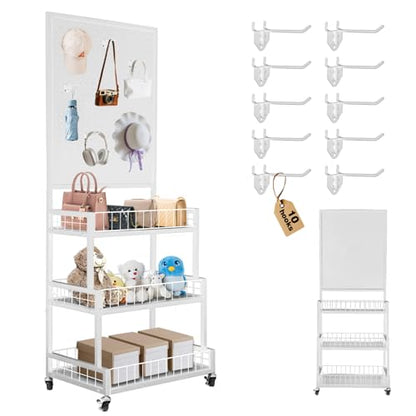 NectaCol Pegboard Panels, 3-Tiers Metal Pegboard Display Stand with Peg Board Panel, Standing Pegboard Display Rack, Craft Show Display, Art Display and Retail Display Stand with 10 Hooks - White - color: White