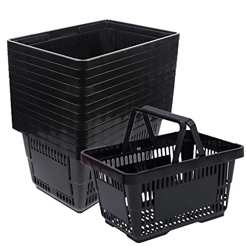 12 Pcs Shopping Baskets 20 L Plastic Shopping Baskets with Handles, Black Store Baskets Retail Baskets with Handles for Market Grocery Supplies Laundry Basket