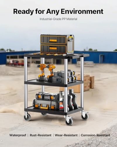 VEVOR Utility Cart, 300 lbs Load Capacity, 27.6 x 18.1-inch Service Cart, Three-Shelf Heavy Duty Plastic Utility Cart with 360° Swivel Wheels (2 with Brakes), Suitable for Warehouse, Garage, Cleaning - style: 300 LBS-3 Tier