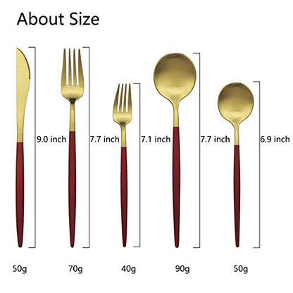 JASHII Luxury 18/10 Red Handle Flatware Gold Silverware Set 304 Stainless Steel Flatware Cutlery Set| 5-Piece Adaline Royal Modern Satin Finish| BEST Birthday Wedding Gift (Red Handle Matte Gold) - color: Red Gold, size: Service for 1
