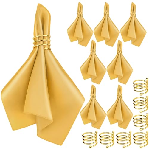 MCEAST Satin Cloth Napkins and Napkin Rings Set of 8, Smooth Fabric Table Napkins and Napkin Holder for Wedding, Birthday Dinner Party, Family Gatherings, Table Decor (Gold, 17 x 17 Inches) - color: Gold