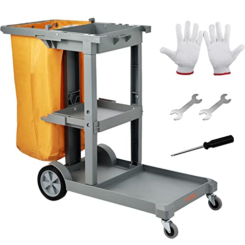 VEVOR Cleaning Cart, 3-Shelf Commercial Janitorial Cart, 200 lbs Capacity Plastic Housekeeping Cart, with 25 Gallon PVC Bag, 47" x 20" x 38.6", Yellow+Grey - color: Gray
