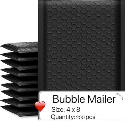 FCLMHD Black Poly Bubble Mailers 4x8 inch 200 Pack Waterproof Envelopes Usable Size 4x7 Shipping Envelopes Bags Black Padded Bubble Envelopes for Shipping/Packaging/Mailing Self-Seal (200, 4x8) - size: 4x8