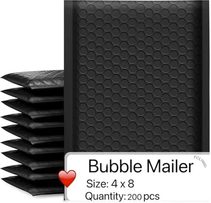FCLMHD Black Poly Bubble Mailers 4x8 inch 200 Pack Waterproof Envelopes Usable Size 4x7 Shipping Envelopes Bags Black Padded Bubble Envelopes for Shipping/Packaging/Mailing Self-Seal (200, 4x8) - size: 4x8