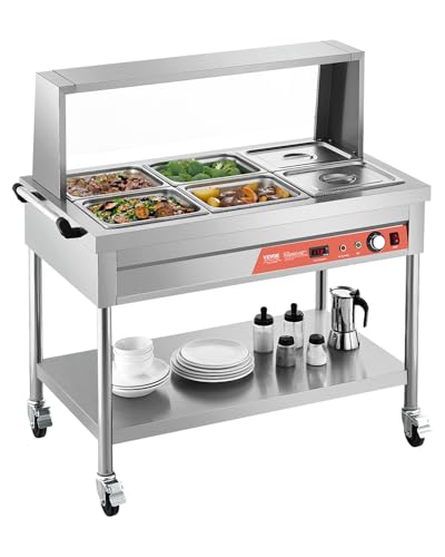 VEVOR 6-Pan Commercial Food Warmer, 6 x 1/2 Pans Electric Steam Table, 1500W Professional Buffet Catering Food Warmer with Shield Undershelf Wheels, Stainless Steel Server for Party Restaurant - size: 6*1/2 Pans