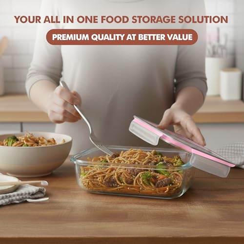 Razab 16 Pc (Set of 8) 30 Oz Glass Meal Prep Containers with Lids, Airtight Large Glass Food Storage Containers, Reusable Leak Proof BPA Free, Freezer to Oven and Dishwasher Safe - color: Pink