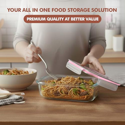 Razab 16 Pc (Set of 8) 30 Oz Glass Meal Prep Containers with Lids, Airtight Large Glass Food Storage Containers, Reusable Leak Proof BPA Free, Freezer to Oven and Dishwasher Safe - color: Pink