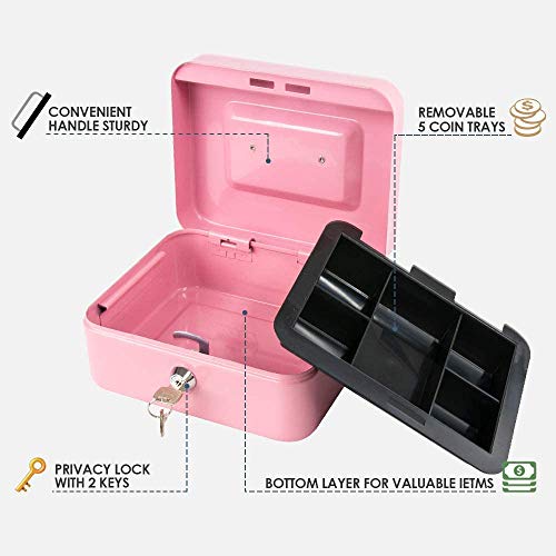 xydled Medium Cash Box with Lock, Metal Money Box, Steel Money Box, Pink - color: Pink, size: Medium