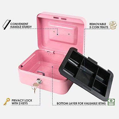 xydled Medium Cash Box with Lock, Metal Money Box, Steel Money Box, Pink - color: Pink, size: Medium