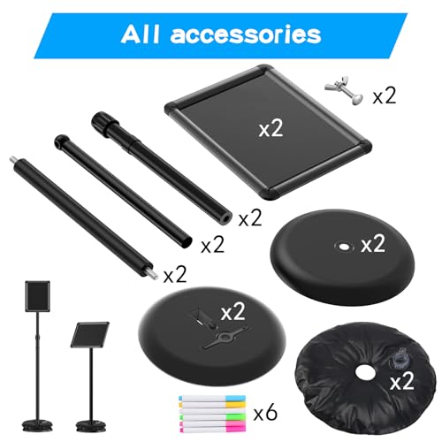EHWINE 2 Pack Sign Holder Stand 8.5x11 Inch, Adjustable Floor Standing Sign Holder, Signage Stand with Snap-Open Frame Display and Chalkboard Insert for Charity Events, School Exhibitions, Retail Displays
