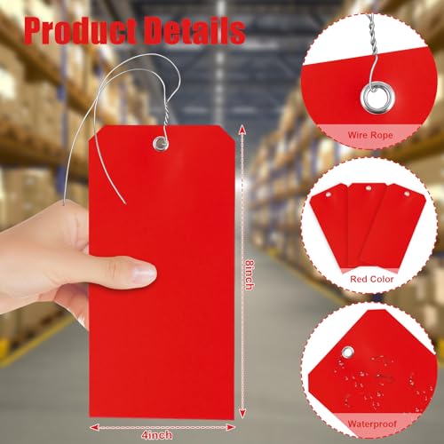 100 Large Plastic Tags - 4x8 inch, Heavy Duty, Waterproof, Writable, Blank, Hang Tags for Luggage, Garage, Inventory, Car Parts (Red) - color: Red