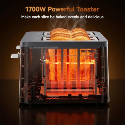 Mecity 4 Slice Touchscreen Toaster, 6 Bread Modes & 6 Browning Levels, Dual Touch Control Wide Slot Stainless Steel Electric Toaster with Memory, Defrost, 3-Min Auto Shutoff for White, Bagels, Waffles - color: 4 Slot-Brushed stainless steel gray