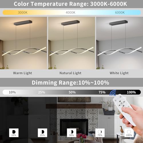 Modern Kitchen Island Pendant Lights, 47in LED Chandelier Fixture Dimmable 3000k-6000K Color, Aluminum Island Lighting Lamp for Dining Room, Billiard Room - color: B-Black, size: 47 inch