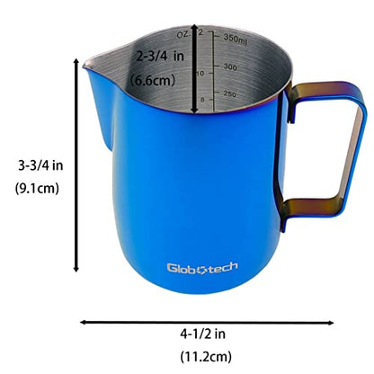 Milk Frothing Pitcher Latte Coffee, Stainless Steel Milk Frother Jug, Espresso Accessories Steaming Froth Cup Cappuccino 12 Oz, 350ml Blue