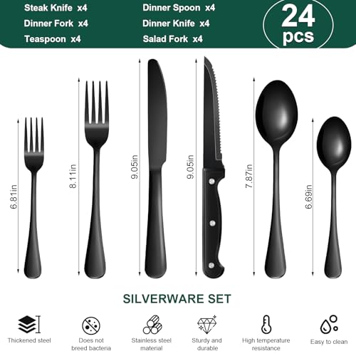 24-Piece Black Silverware Set with Steak Knives Black Stainless Steel Flatware Set for 4 Food Grade Tableware Cutlery Set Rust-proof, Mirror Polished, Dishwasher Safe - size: 24Pcs